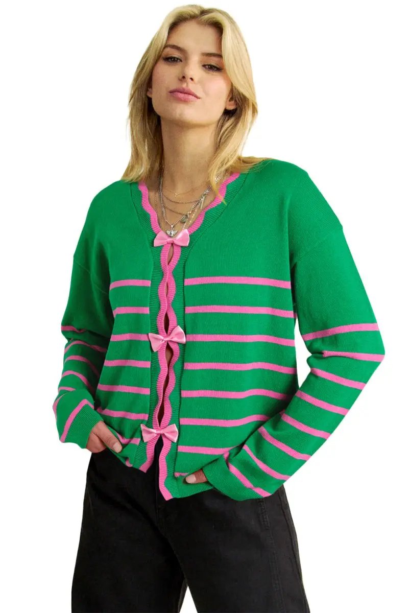 Green Stripe Ribbon Cute Bow Detail Sweater Knit Cardigan - Love Salve